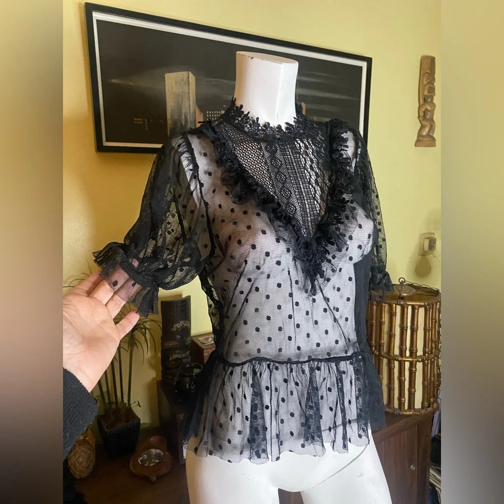 Ladies Blashe gothic lace ruffle polka dot vamp blouse Victorian sheer top - Picture 5 of 7